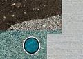 Cross-section of soil layers: topsoil, gravel, a pipe in crushed stone, overlaid with concrete slabs.