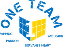 3D cube with "One Team" text, surrounded by "Winning," "Passion," "We Learn," "Servant's Heart" in blue and yellow.