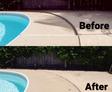 Side-by-side comparison of poolside area before and after cleanup highlights the transformation with debris and stains removed, complemented by expert concrete repair.