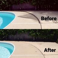 Side-by-side comparison of poolside area before and after cleanup highlights the transformation with debris and stains removed, complemented by expert concrete repair.