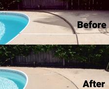 Side-by-side comparison of poolside area before and after cleanup highlights the transformation with debris and stains removed, complemented by expert concrete repair.