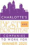 Purple Charlotte skyline silhouette with text: "Charlotte's Best & Brightest Companies to Work For Winner 2025.