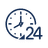 Blue clock icon with number 24, representing 24-hour or around-the-clock service or availability.