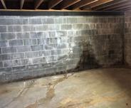 Wet basement with stain marks on wall
