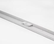 A long, silver metal track with a small square component mounted in the center, against a white background.