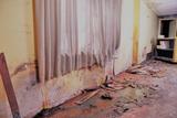 A damaged room with peeling walls, broken floorboards, and debris scattered across the floor hints at lingering basement humidity.
