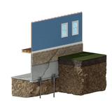 Cutaway diagram of a house foundation with cracks, soil layers, and support piers showing the process of foundation repair.
