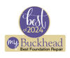 Award graphic: "Best of 2024, My Buckhead, Best Foundation Repair and Basement Waterproofing" in a sophisticated purple and beige design.
