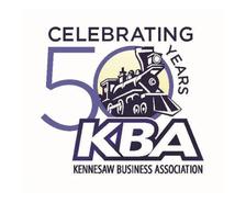 Logo with a train and text: "Celebrating 50 Years, KBA, Kennesaw Business Association.