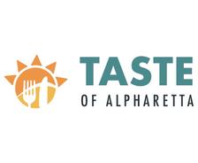 Taste of Alpharetta logo with sun, fork, and spoon beside event name in bold teal and black text.