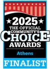 2025 Official Community’s Choice Awards Athens Finalist badge with stars, red, white, blue design—honoring top basement waterproofing.