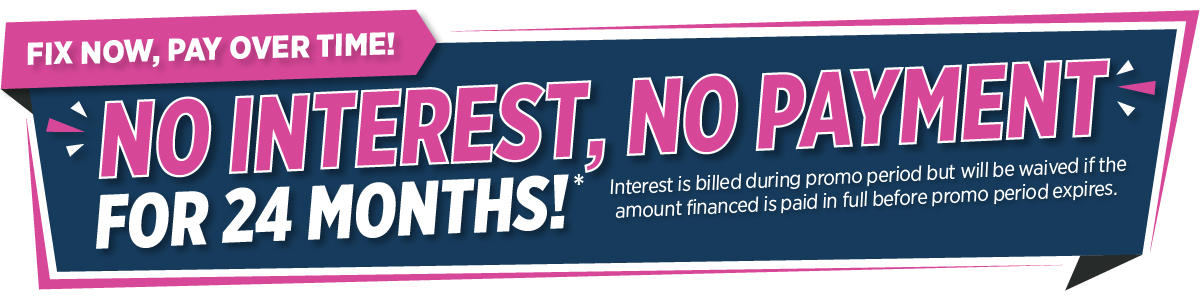 Banner reads: "No interest, no payment for 24 months! Basement Waterproofing—fix now, pay over time!" with promo details in small text.