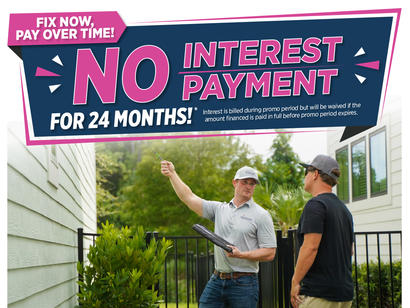 Two men talk outside near a house; text promotes no interest payment for 24 months on financing.