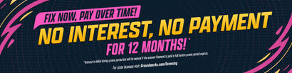 Bold text says, “No interest, no payment for 12 months!” highlighting basement waterproofing offers with colorful graphics and details below.