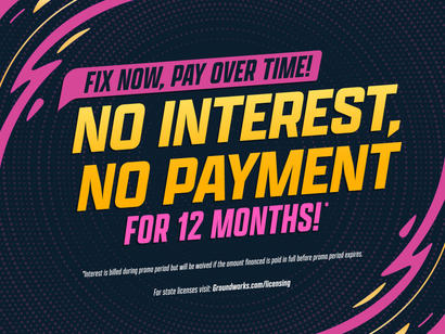Text graphic: “No interest, no payment for 12 months! Basement waterproofing—fix now, pay over time!” Disclaimer at the bottom.