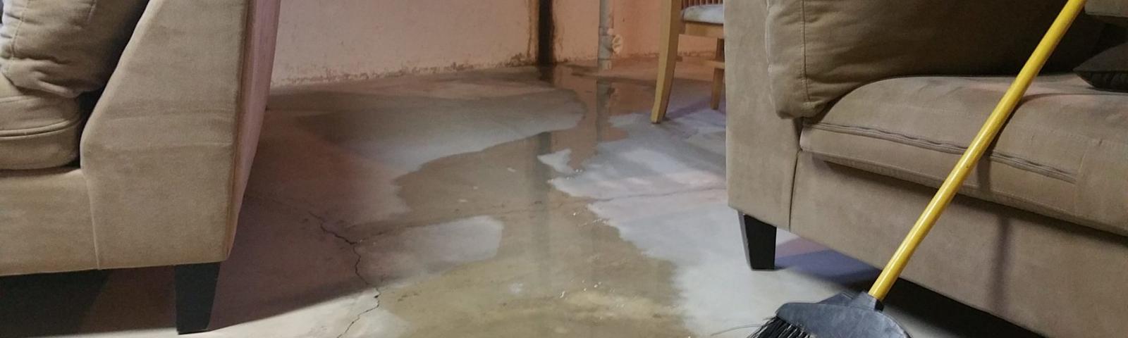 A basement with water on the floor, a mop in the foreground, and a chair and couch nearby.
