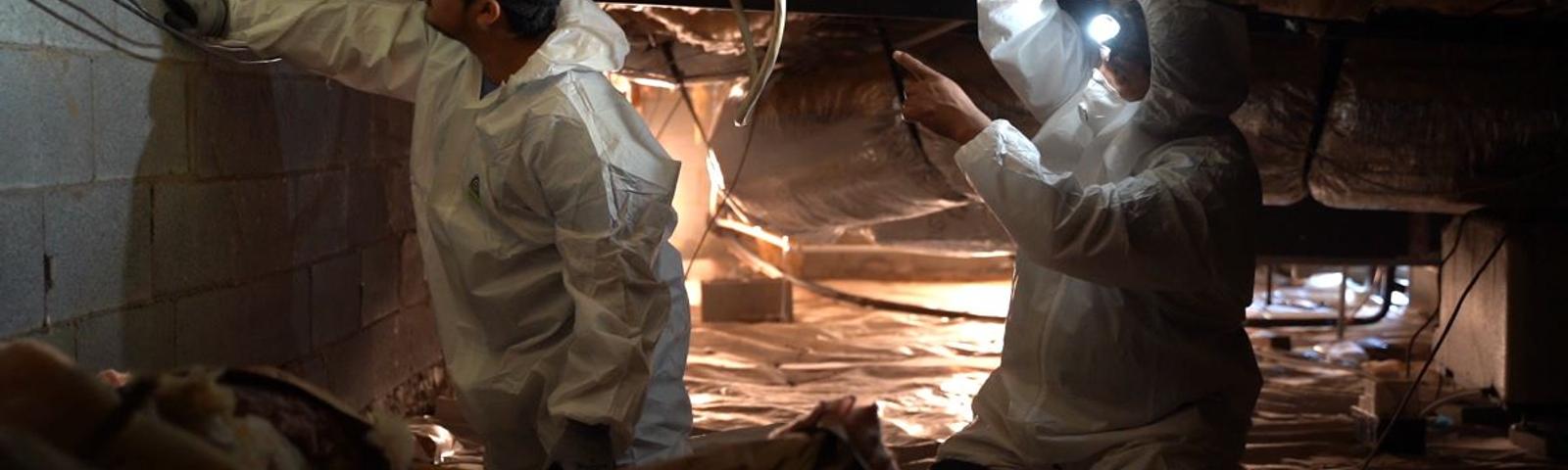 Baker's crew members inspecting crawl space.