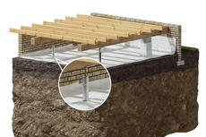 Cutaway view of building foundation with wooden beams and piled jacks on soil, showing structural support.