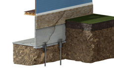 A cross-section of a house foundation with helical piers installed to stabilize shifting ground.
