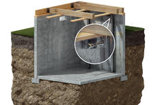 Cross-section illustration of a concrete foundation with wooden beams and a close-up of a metal bracket.