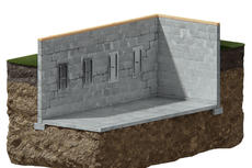 Cutaway of a concrete foundation wall in soil, showing reinforcement anchors in three layers of earth.
