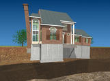 illustration of a settling, sinking foundation structure with a tilting chimney and cracked foundation