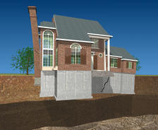 illustration of a settling, sinking foundation structure with a tilting chimney and cracked foundation
