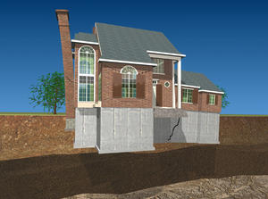 illustration of a settling, sinking foundation structure with a tilting chimney and cracked foundation