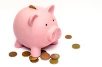 A pink piggy bank with coins scattered around it, saving up for crawl space repair cost, against a white background.