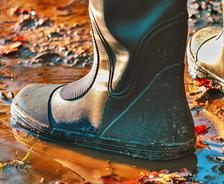Basement flooding example with somone standing in a puddle wearing boots.