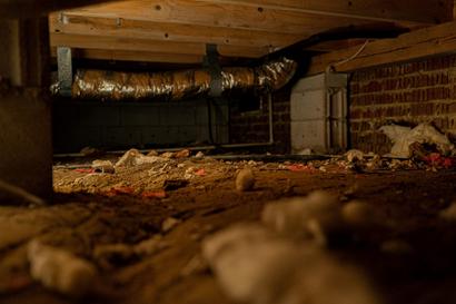 Dirt crawl space with fallen insulation.
