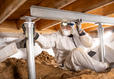 worker doing crawl space repair by installing crawl space jacks
