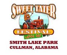 Sweet Tater Festival logo featuring a cartoon farmer on a tractor, held at Smith Lake Park, Cullman, Alabama.
