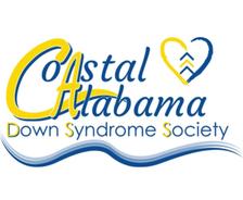 Coastal Alabama Down Syndrome Society logo with wavy text and a heart symbol.
