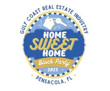 Circular logo for a 2025 Pensacola real estate block party with keys, house, and “Home Sweet Home” text.