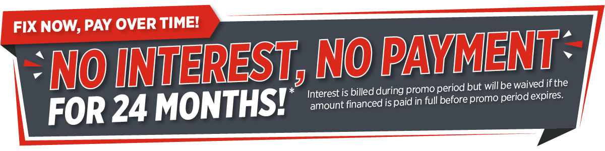Banner reads: "No interest, no payment for 24 months. Fix waterproofing now, pay over time! Terms and conditions apply.