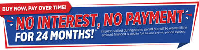 Banner reads: "No interest, no payment for 24 months! Buy now, pay over time!" in bold, colorful text.