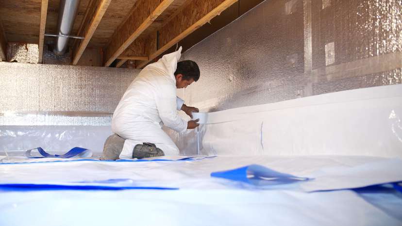 Crew member encapsulating crawl space of a home