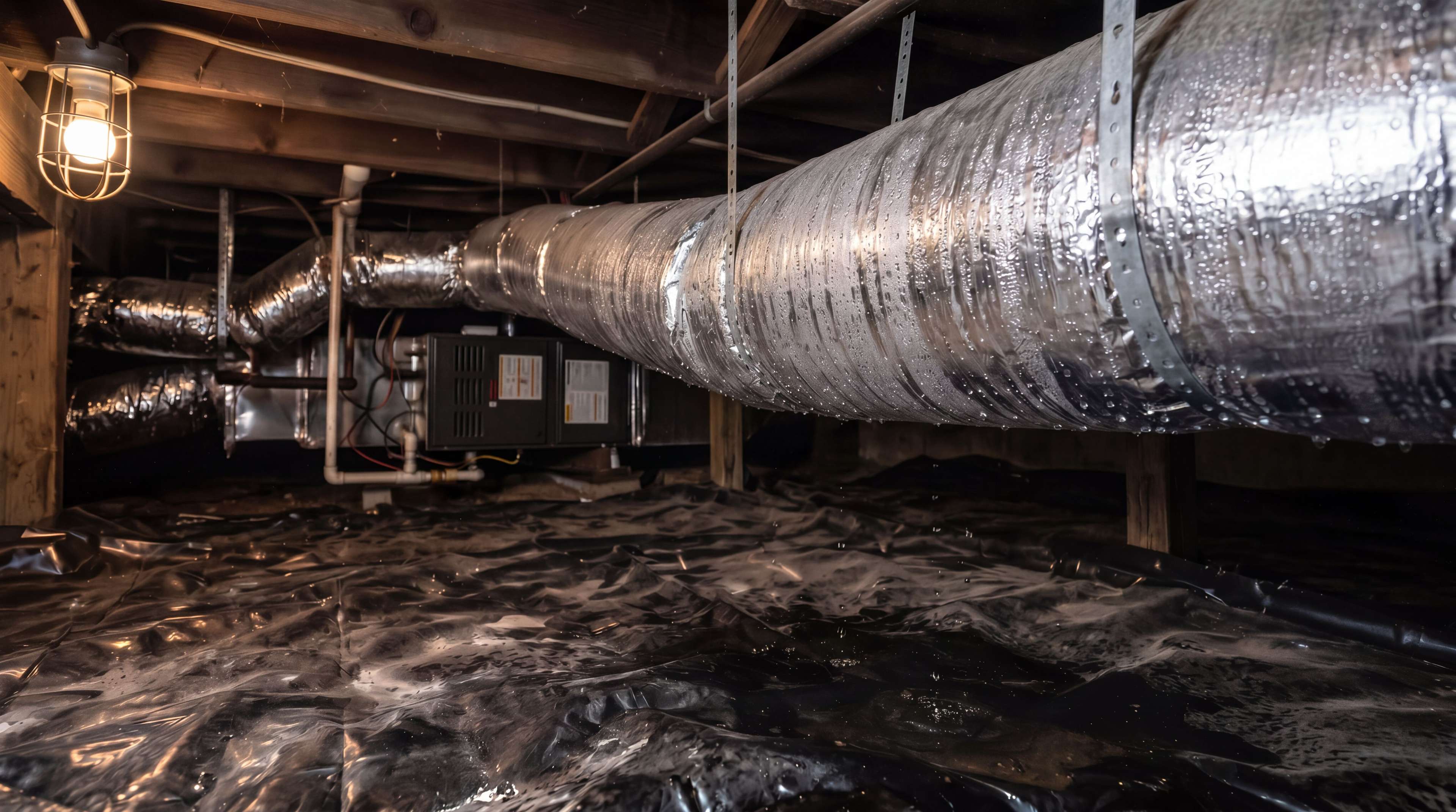 sweating HVAC duct and puddles of water in a crawl space, which can lead to high energy bills