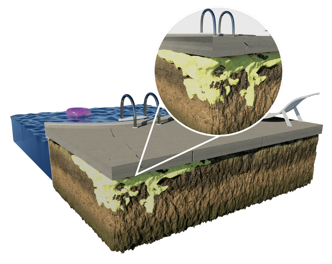 CGI image of concrete pool deck repair with polyrenewal concrete lifting foam