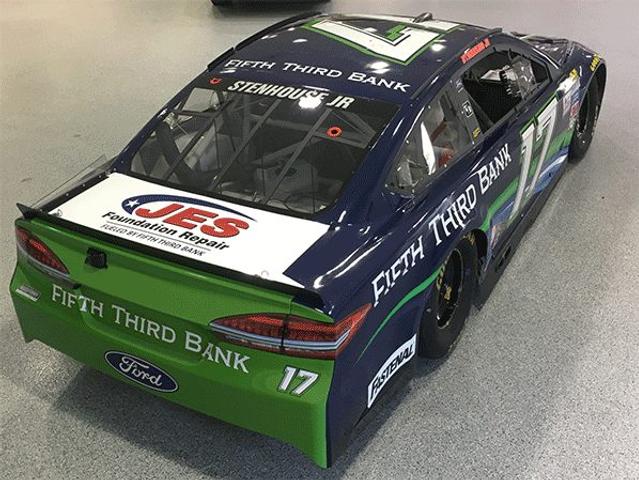 Racing car with Fifth Third Bank and JES Foundation Repair logos, displaying number 17 on the side and rear.