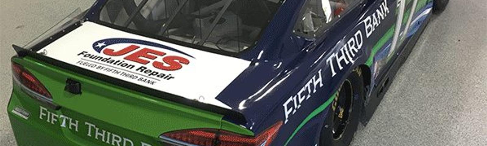 Racing car with Fifth Third Bank and JES Foundation Repair logos, displaying number 17 on the side and rear.