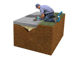 Illustration of a man kneeling on grass, examining a cross-section of soil and ground with a pipe present, highlighting the intricacies of washout soil.