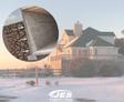 House near water with a foundation illustration highlighting soil settlement issues. JES Foundation Repair logo at bottom.