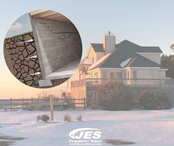 House near water with a foundation illustration highlighting soil settlement issues. JES Foundation Repair logo at bottom.