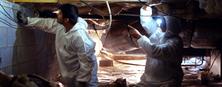 Two people in protective suits inspect a crawl space, using flashlights to examine the area.