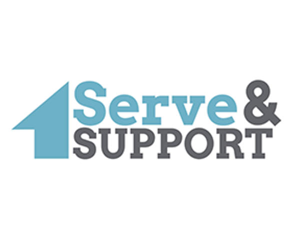 Logo with a blue house icon and text: "Serve & Support" in blue and gray.