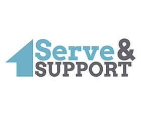 Logo with a blue house icon and text: "Serve & Support" in blue and gray.