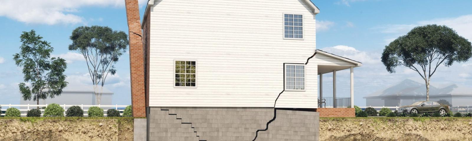 Illustration of a house with severe foundation cracks and tilting chimney, showing subsidence issues.