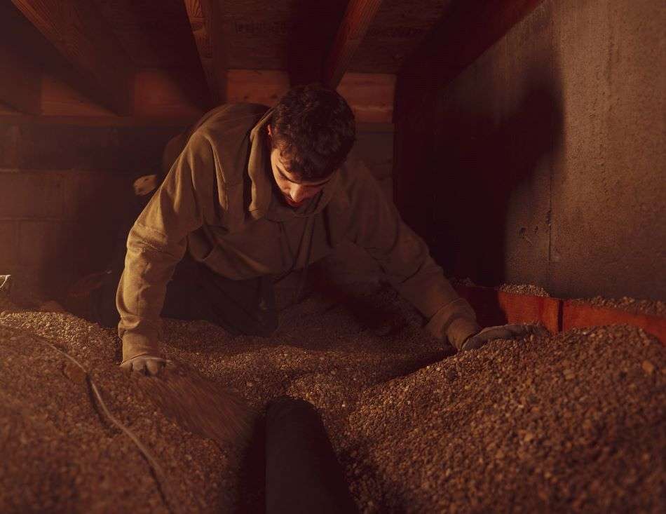 A person in work clothes crawls under a house, inspecting gravel and pipes in a dimly lit crawl space.